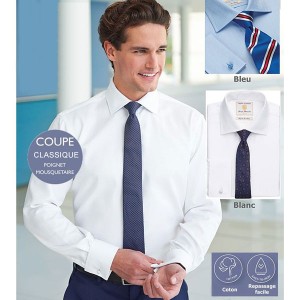 Chemise Homme Classique à Poignets Mousquetaires - Blanc & Bleu Ciel