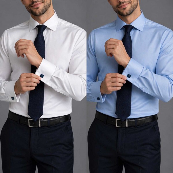 Chemise Homme Classique à Poignets Mousquetaires - Blanc & Bleu Ciel