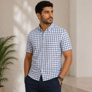  Chemise Homme à Carreaux Marine Demi-Manches avec Poche – Coupe Classique M0707