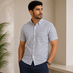  Chemise Homme à Carreaux Noir Demi-Manches avec Poche – Coupe Classique N0707