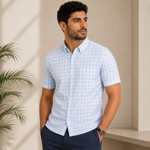 Chemise Homme à Carreaux Ciel Demi-Manches avec Poche – Coupe Classique C0707 Chemise Homme à Carreaux Ciel Demi-Manches avec Poche – Coupe Classique C0707