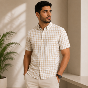 Chemise Homme à Carreaux Beige Demi-Manches avec Poche – Coupe Classique B0707
