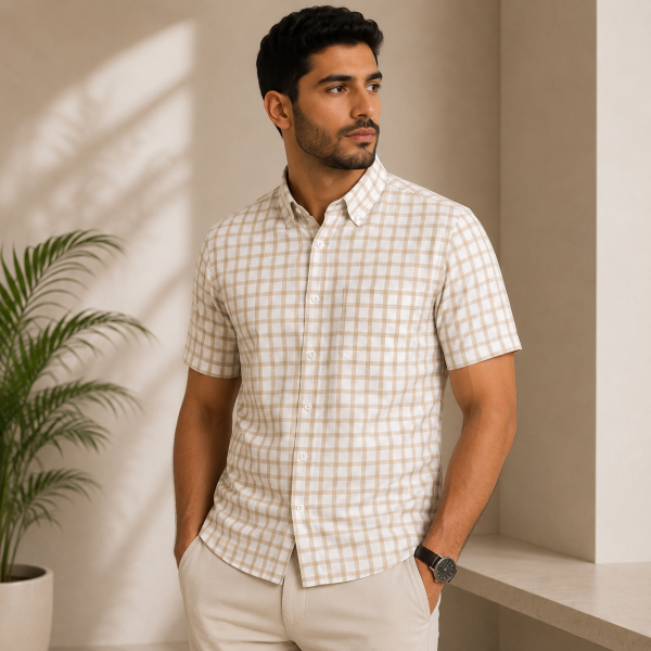 Chemise Homme à Carreaux Beige Demi-Manches avec Poche – Coupe Classique B0707 Chemise Homme à Carreaux Beige Demi-Manches avec Poche – Coupe Classique B0707