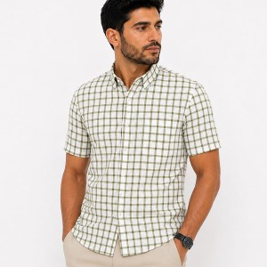 Chemise Homme à Carreaux Olive Demi-Manches avec Poche – Coupe Classique L0707