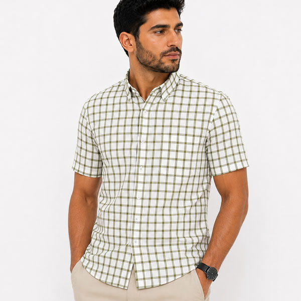 Chemise Homme à Carreaux Olive Demi-Manches avec Poche – Coupe Classique L0707 Chemise Homme à Carreaux Olive Demi-Manches avec Poche – Coupe Classique L0707