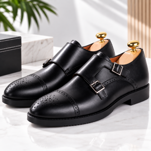 Chaussures Monk en Cuir Noir pour Homme - Élégance Double Boucle