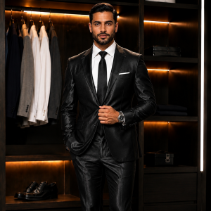 Costume Homme Brillant Noir – Élégance Premium Coupe Moderne