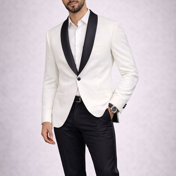 Costume Homme Blanc Cassé Col Satin Noir – Smoking Élégant Slim Fit | Mariage & Soirée