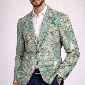 Blazer Homme Motif Floral Vert & Beige – Veste Élégante Slim Fit | Style Chic & Estival