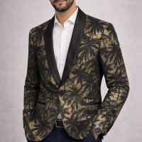 Blazer Homme Noir & Doré Motif Tropical – Veste Élégante Col Satin | Style Soirée & Luxe