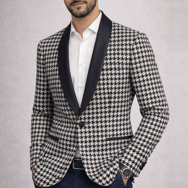 Veste Homme Motif Pied-de-Poule Noir & Blanc – Blazer Élégant Col Satin | Style Chic & Soirée