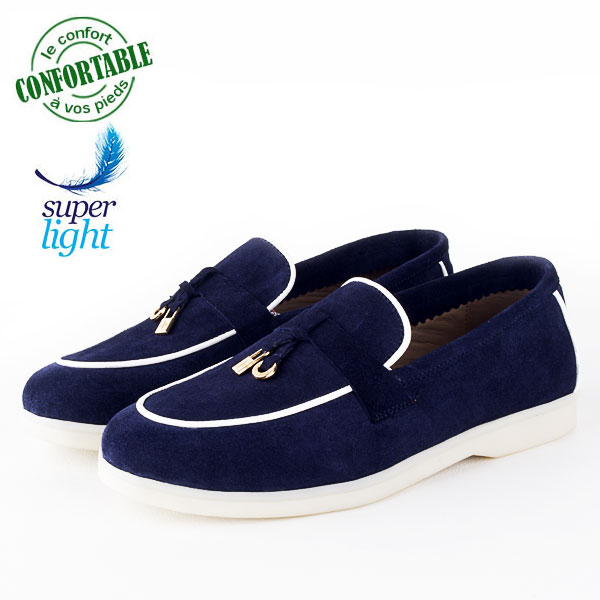 Mocassins pour Femmes Confortable 100% Cuir Daim Marine