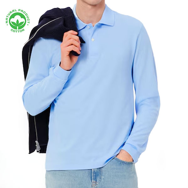 Polo Manches Longues pour Homme - Coton Piqué Bleu Ciel