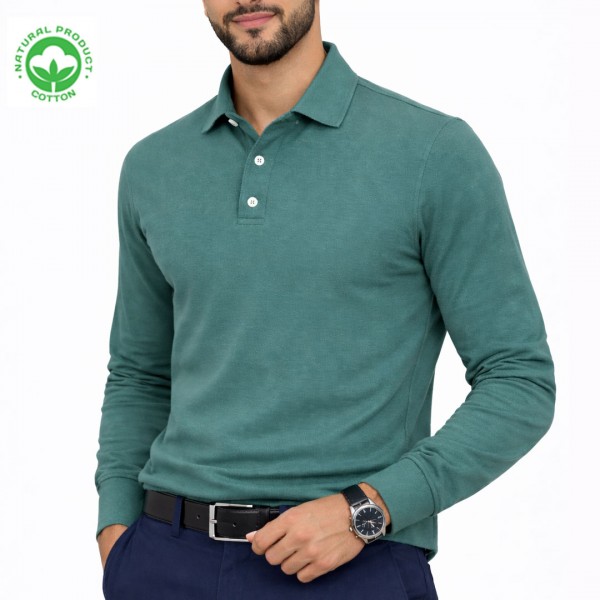 Polo Manches Longues pour Homme - Coton Piqué Vert Turquoise PG19