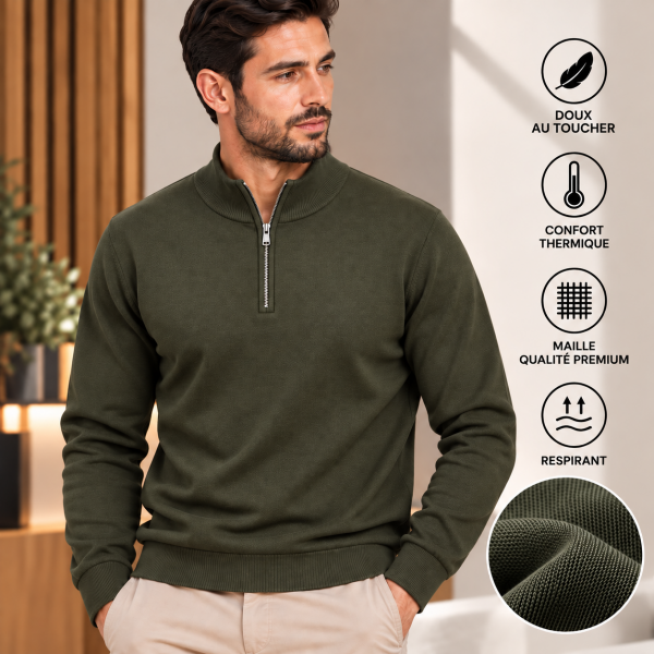 Pull Homme Col Polo Zippé en Maille Fine – Élégant et Confortable 899V