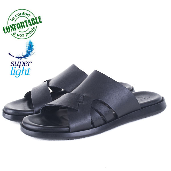 Sandales Pour Homme Très Confortable 100% cuir Noir 020N