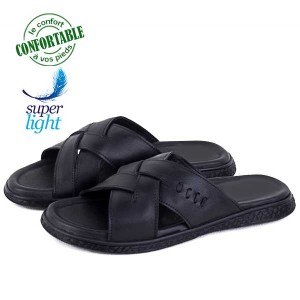 Sandales Pour Homme Très Confortable 100% cuir Noir 441N