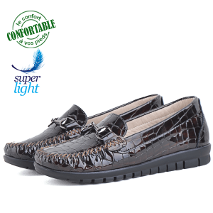 Mocassins pour femmes confortable Vernis Crocodile 100% Cuir Marron BJ-636M